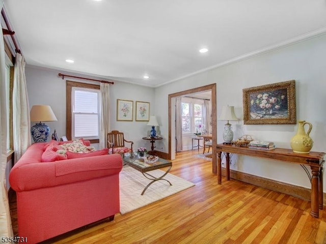 living room with crown molding, light wood finished floors, plenty of natural light, and baseboards