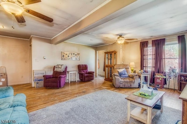 living room with crown molding, a ceiling fan, and wood finished floors