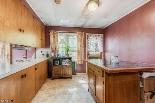kitchen with crown molding, light tile patterned flooring, brown cabinets, and radiator heating unit