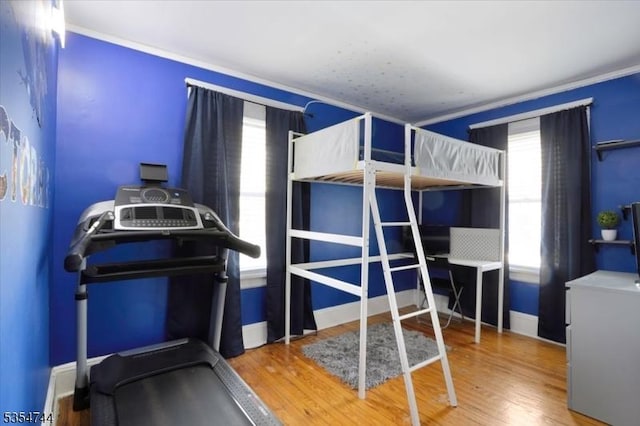 bedroom featuring baseboards, wood finished floors, and multiple windows