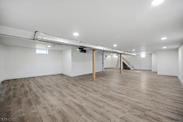 202 Parkside Ave, Pohatcong Twp, NJ 08865 - below grade area with stairs, light wood-style flooring, baseboards, and recessed lighting