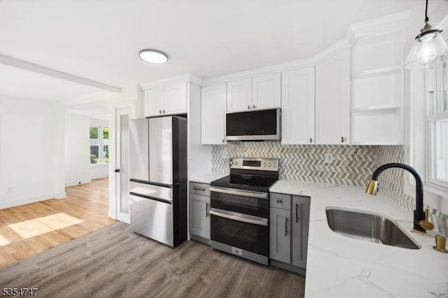 202 Parkside Ave, Pohatcong Twp, NJ 08865 - kitchen with stainless steel appliances, a sink, backsplash, light stone countertops, and white cabinetry
