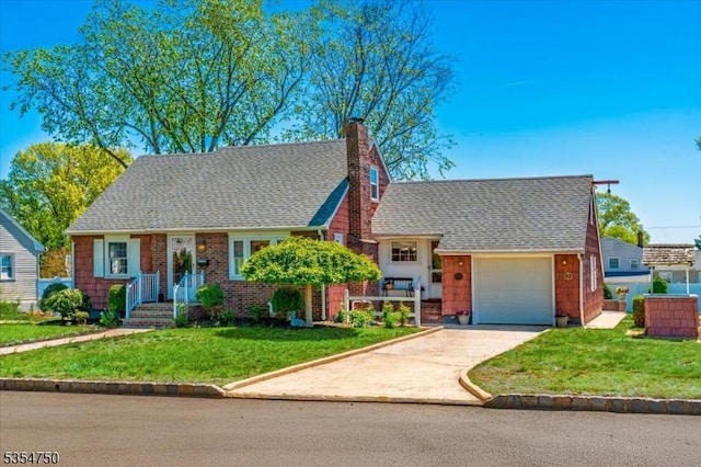 view of front facade featuring driveway, a chimney, roof with shingles, a front yard, and an attached garage