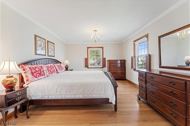 bedroom featuring an inviting chandelier, baseboards, ornamental molding, and light wood-style flooring