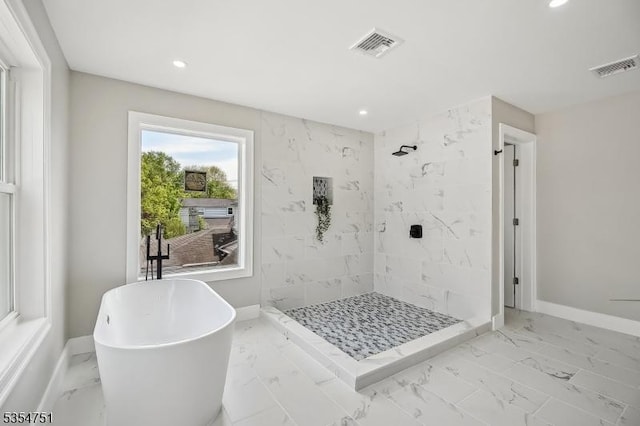 223 Victor St, Scotch Plains Twp, NJ 07076 - full bathroom featuring visible vents, a freestanding bath, a shower stall, marble finish floor, and recessed lighting