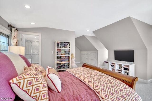 bedroom with baseboards, recessed lighting, carpet flooring, ensuite bath, and vaulted ceiling