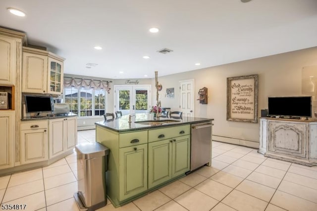 kitchen with french doors, visible vents, stainless steel dishwasher, a sink, and green cabinetry
