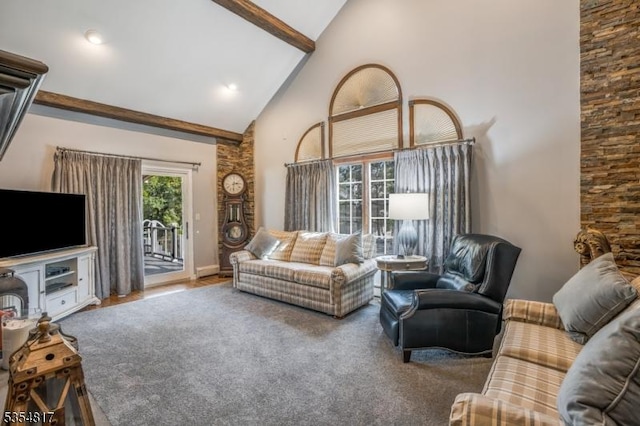 living room featuring high vaulted ceiling, baseboards, and beam ceiling