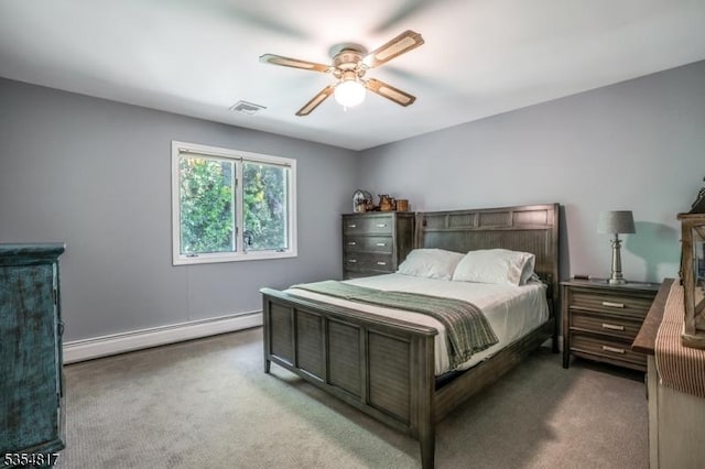 bedroom featuring ceiling fan, visible vents, carpet, and a baseboard radiator
