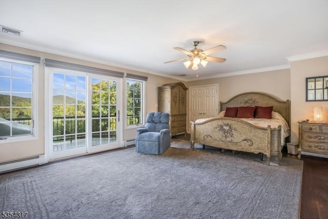 bedroom featuring visible vents, ornamental molding, a ceiling fan, and access to outside