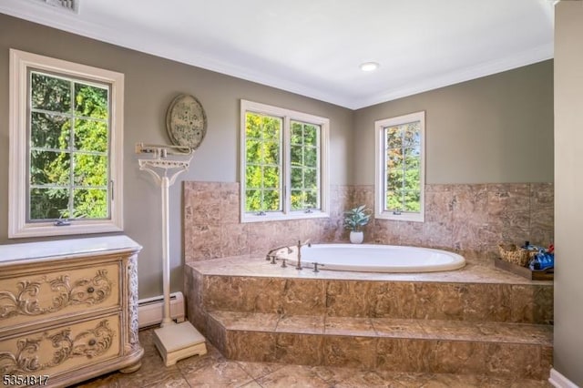 full bath with crown molding, baseboard heating, a garden tub, and recessed lighting