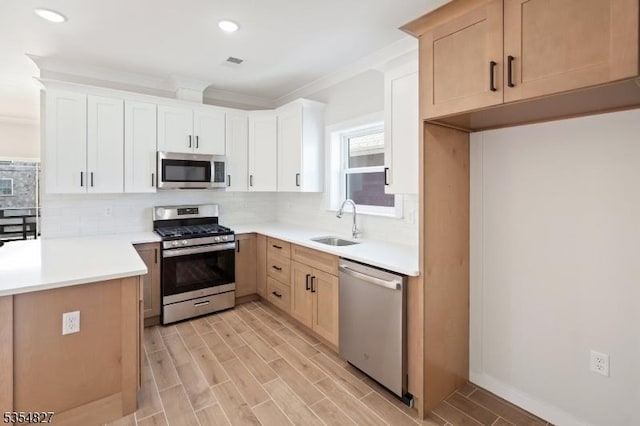 kitchen with tasteful backsplash, a sink, light wood-style floors, ornamental molding, and stainless steel appliances