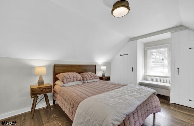 bedroom featuring lofted ceiling and dark wood-type flooring