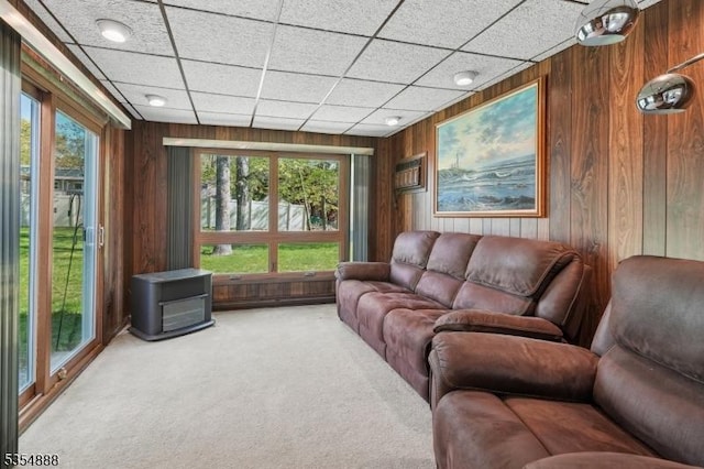 living area with wooden walls and light colored carpet
