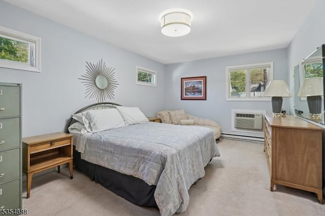 bedroom with an AC wall unit, light carpet, and baseboard heating