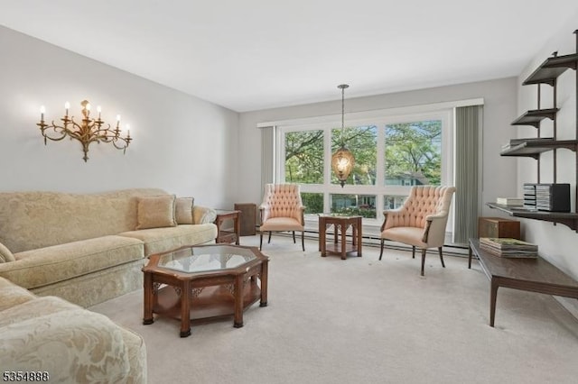 living room with light colored carpet and a notable chandelier