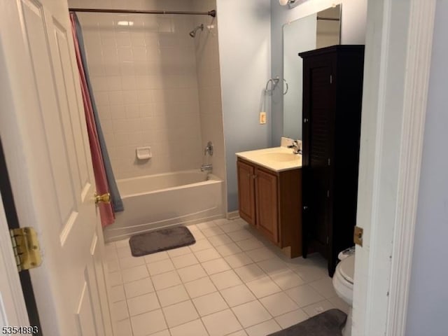 bathroom with toilet, shower / tub combo with curtain, tile patterned flooring, and vanity