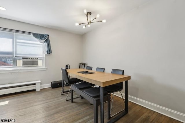 dining room with baseboards, an inviting chandelier, wood finished floors, and cooling unit