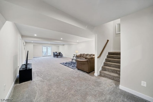 interior space featuring stairway, baseboards, and recessed lighting