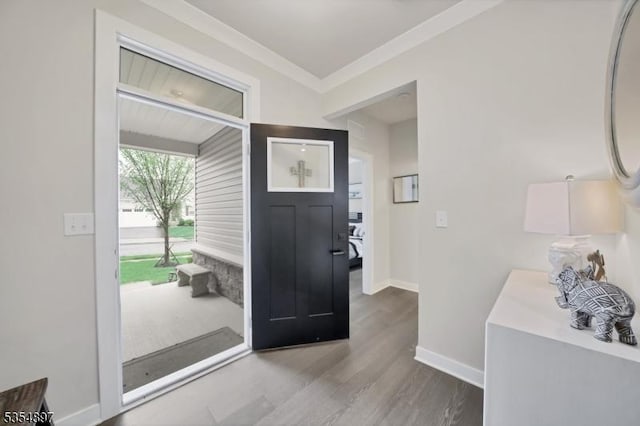 foyer entrance featuring crown molding, baseboards, and wood finished floors