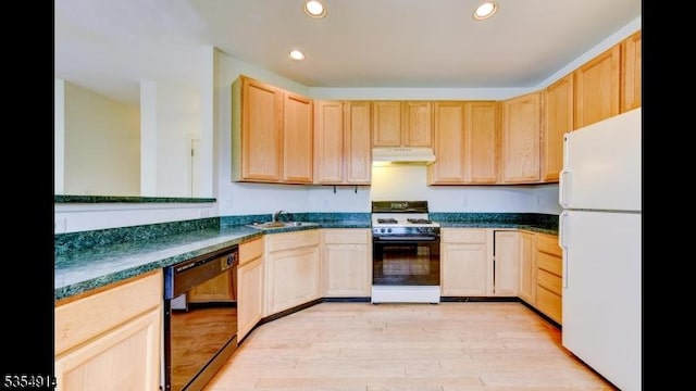 27 Suydam Rd, Franklin Twp, NJ 08873 - kitchen featuring freestanding refrigerator, range with gas cooktop, dishwasher, light brown cabinetry, and a sink