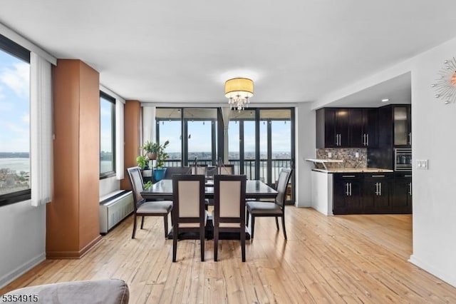 dining room featuring baseboards, an inviting chandelier, radiator, and light wood-style floors