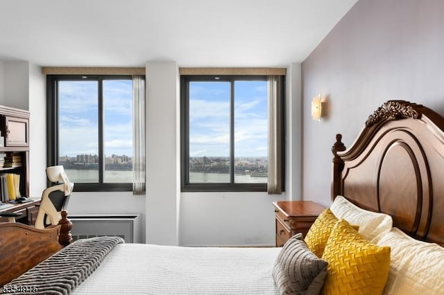 bedroom with a water view and multiple windows
