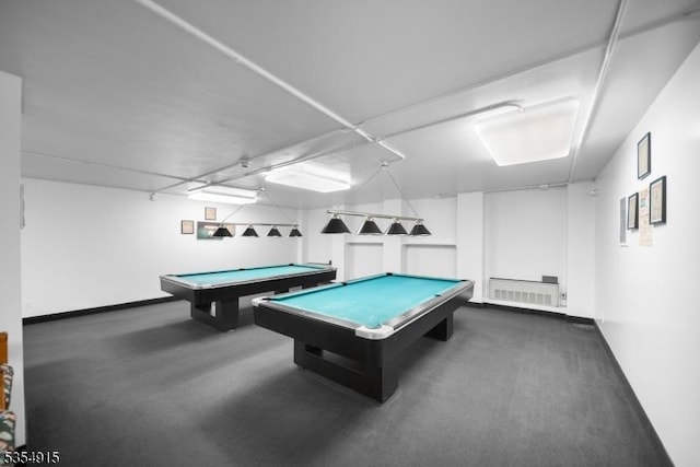 rec room featuring carpet flooring, baseboards, and billiards