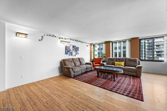 living room with baseboards and wood finished floors