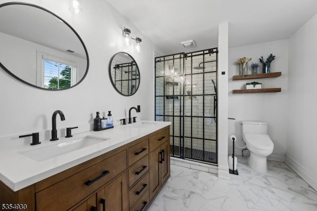 full bathroom with marble look tiles, a stall shower, double vanity, toilet, and baseboards