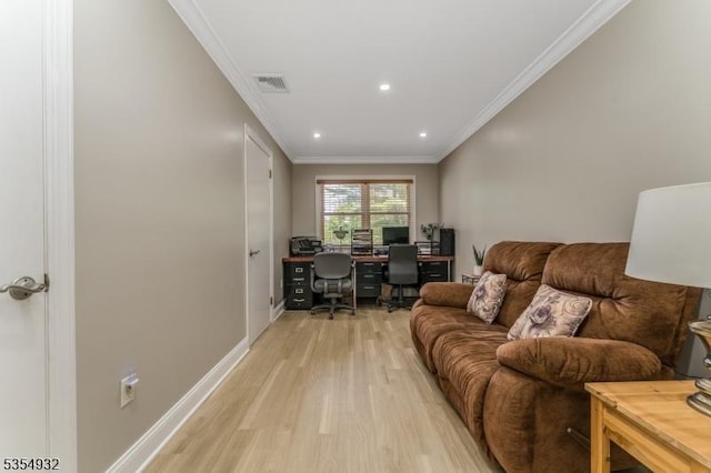 217 Long Hill Rd, Hillsborough Twp, NJ 08844 - living room with an office area, ornamental molding, light wood finished floors, baseboards, and recessed lighting