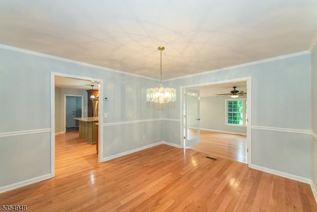 70 Crenshaw Dr, Mount Olive Twp, NJ 07836 - spare room with light wood finished floors, crown molding, a chandelier, and a ceiling fan