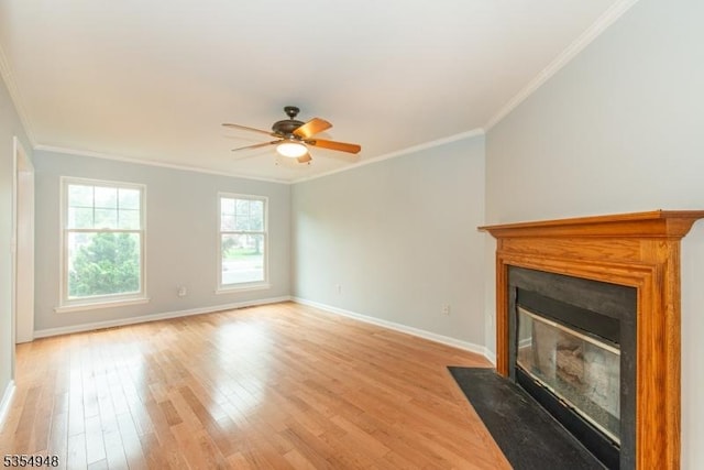 70 Crenshaw Dr, Mount Olive Twp, NJ 07836 - unfurnished living room featuring light wood finished floors, ornamental molding, a fireplace with flush hearth, and a ceiling fan