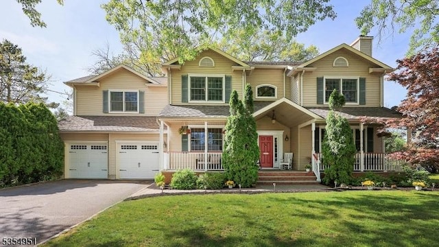 craftsman inspired home featuring a garage, covered porch, a front yard, a chimney, and driveway