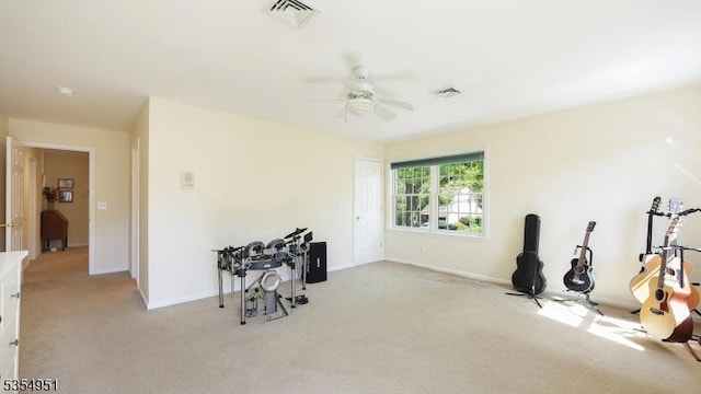 recreation room featuring visible vents, carpet flooring, baseboards, and ceiling fan