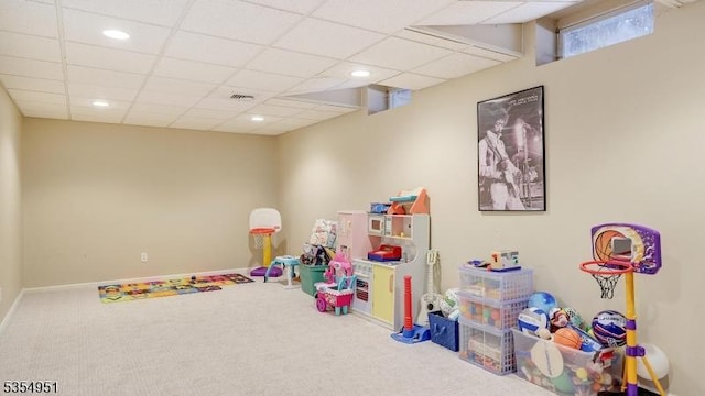 rec room with carpet floors, recessed lighting, baseboards, and visible vents