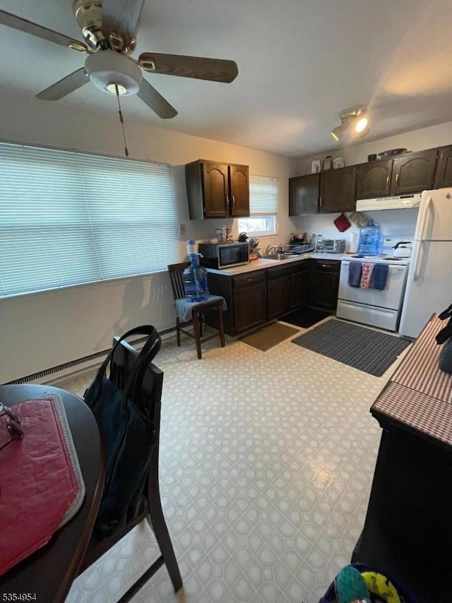 kitchen with dark brown cabinetry, a ceiling fan, light countertops, under cabinet range hood, and white appliances