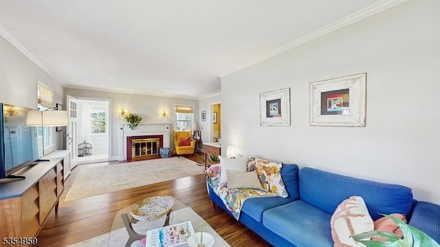 living room with crown molding, wood finished floors, and a fireplace