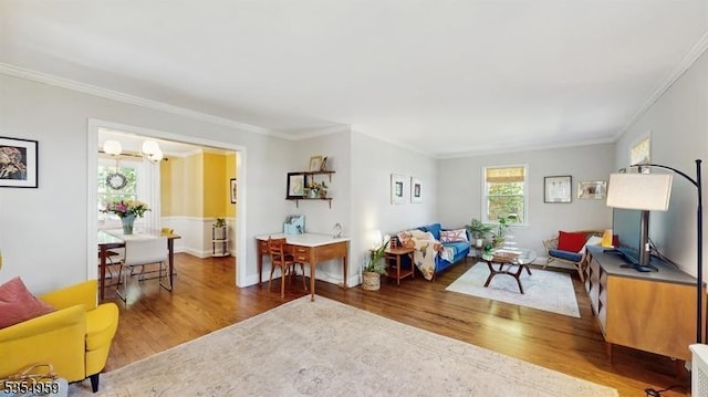 living room featuring crown molding, baseboards, and wood finished floors
