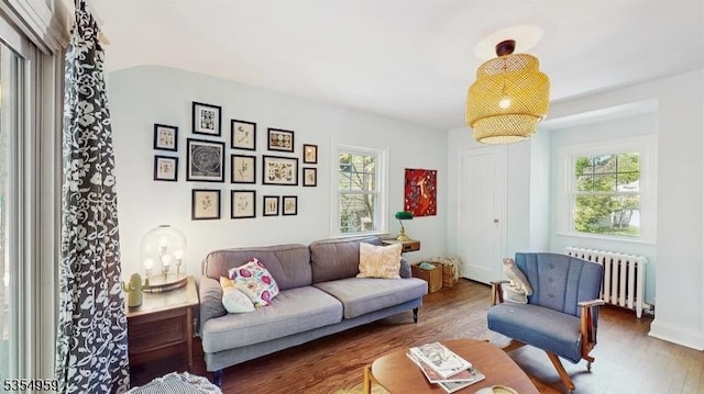 living area with radiator heating unit, wood finished floors, and a wealth of natural light