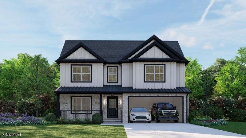modern inspired farmhouse with a porch, a standing seam roof, metal roof, a front lawn, and concrete driveway