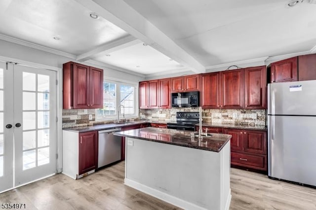 123 Robbinwood Ter, Linden City, NJ 07036 - kitchen featuring black appliances, dark brown cabinets, crown molding, and beamed ceiling