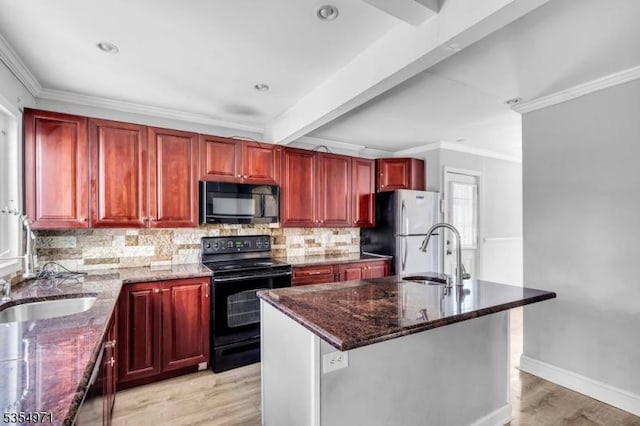 123 Robbinwood Ter, Linden City, NJ 07036 - kitchen with black appliances, dark brown cabinets, a sink, light wood-style floors, and ornamental molding