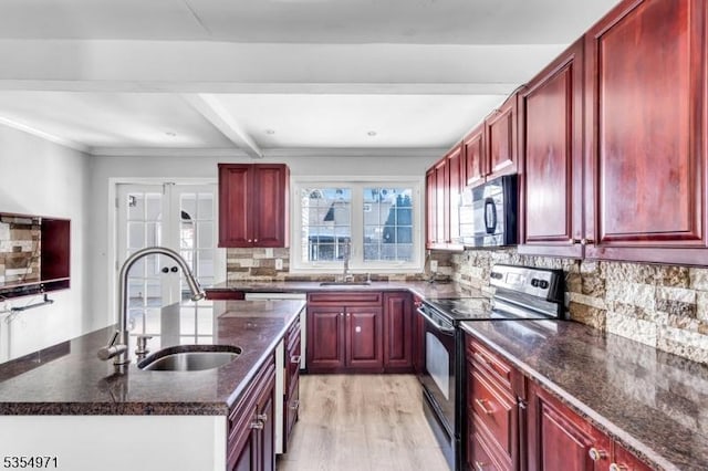 123 Robbinwood Ter, Linden City, NJ 07036 - kitchen featuring reddish brown cabinets, black appliances, a sink, beam ceiling, and ornamental molding