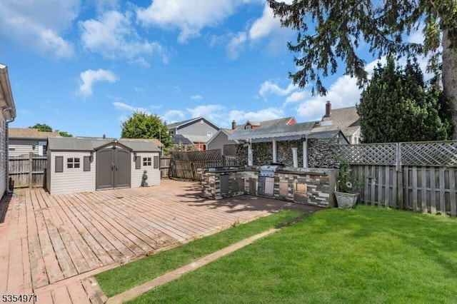 123 Robbinwood Ter, Linden City, NJ 07036 - wooden deck with exterior kitchen, a storage shed, and an outbuilding