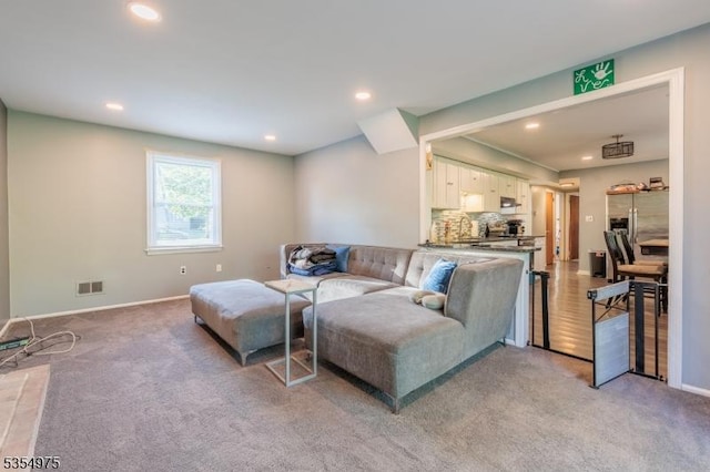 908 Maple Dr, Greenwich Twp, NJ 08886 - living area with light colored carpet, recessed lighting, baseboards, and visible vents