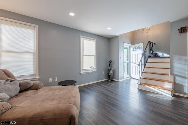908 Maple Dr, Greenwich Twp, NJ 08886 - living room featuring dark wood-style flooring, baseboards, stairway, recessed lighting, and a notable chandelier