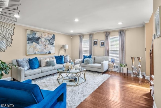 8 Congress Ln, South River Boro, NJ 08882 - living room featuring baseboards, ornamental molding, recessed lighting, and wood finished floors