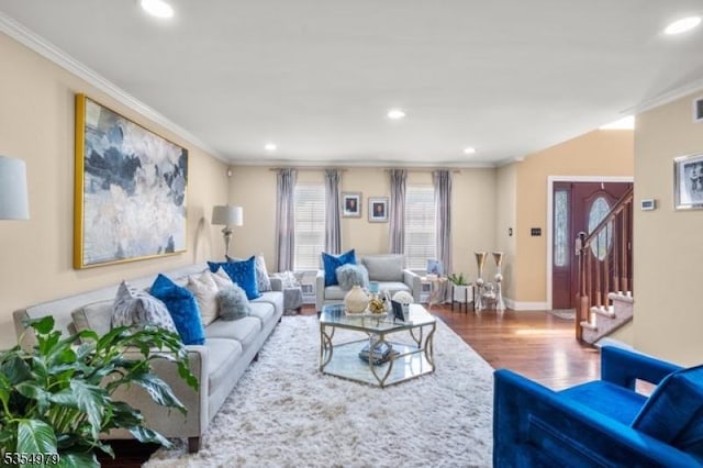 8 Congress Ln, South River Boro, NJ 08882 - living room featuring stairs, recessed lighting, ornamental molding, and wood finished floors