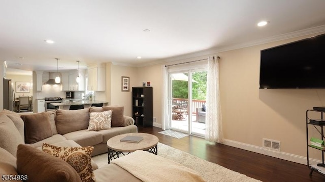 3 Grant St, Cranford Twp, NJ 07016 - living area featuring baseboards, dark wood-style flooring, crown molding, and recessed lighting